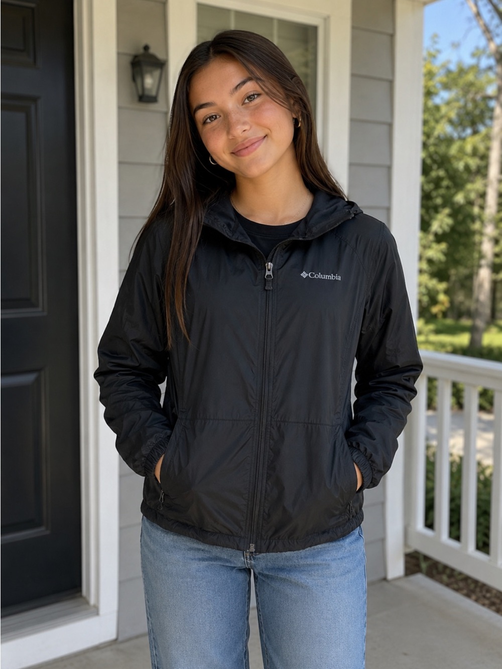 Columbia Girls Black Lightweight Hooded Jacket Zip Front Size Large